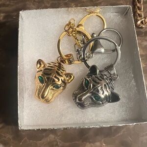 18k Gold and Steel Leopard Keychains with Green Eyes